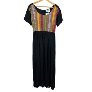 The Planet Maxi Dress Large Black Multicolor Nepal Gauze Peasant Hippie Boho New
